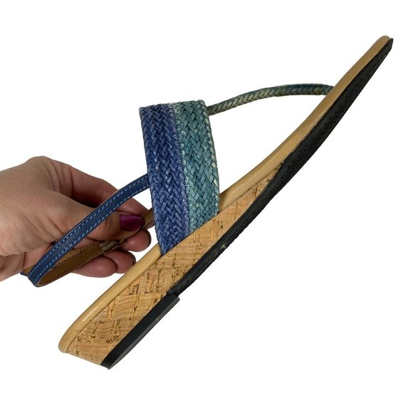 Eric Michael leather T strap thong wedge sandal blue teal heel strap Sz 40 / 9 - Picture 3 of 13